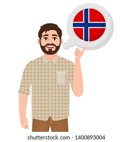 Happy bearded man says or thinks about country Norway, European country icon, traveler or tourist vector illustration