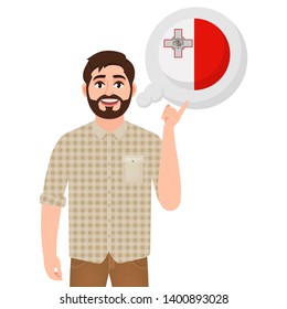 Happy bearded man says or thinks about the country of Malta, European country icon, traveler or tourist vector illustration