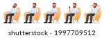 Happy bearded man sits in a chair. Businessman sleeps, works at a laptop, reads news in a smartphone, rejoices. Freelancer. Vector illustration in cartoon style