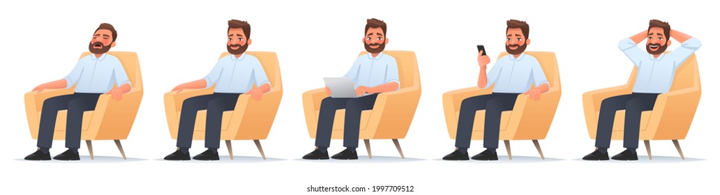 Happy bearded man sits in a chair. Businessman sleeps, works at a laptop, reads news in a smartphone, rejoices. Freelancer. Vector illustration in cartoon style