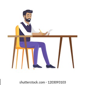 Happy bearded man sitting by table colorful card isolated on bright background, vector illustration of successful businessman that writing a letter