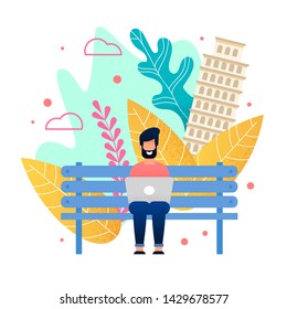 Happy Bearded Man Sitting on Bench in City Park and Working on Laptop. Cartoon Freelancer Character on Vacation. Work and Travelling Union. Remote Online Job. Vector Motivation Illustration