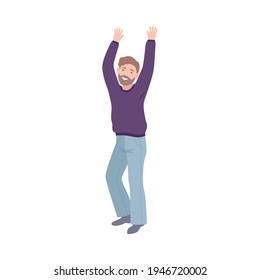 Happy Bearded Man Standing Raising Up Hands Cheering About Something Vector Illustration