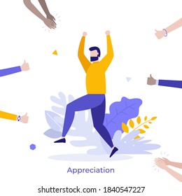 Happy Bearded Man Surrounded By Clapping Hands Of Applauding People. Concept Of Social Success, Public Approval, Positive Feedback, Appreciation. Modern Flat Colorful Vector Illustration For Poster.