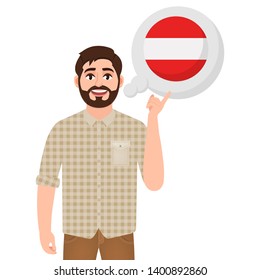 Happy bearded man talking or thinking about country Austria, European country icon, traveler or tourist vector illustration