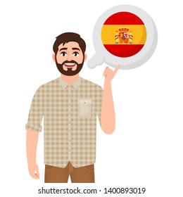 Happy bearded man talking or thinking about country Spain, European country icon, traveler or tourist vector illustration
