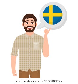 Happy bearded man talking or thinking about country Sweden, European country icon, traveler or tourist vector illustration