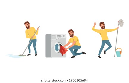Happy Bearded Man in Yellow Sweater Mopping the Floor and Doing Laundry Vector Set