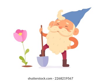 Happy bearded old man standing with shovel near flower vector illustration. Cartoon small fantasy character with beard working in summer farm field or garden, cute dwarf gardening isolated on white.