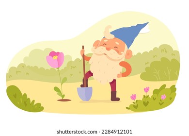 Happy bearded old man standing with shovel near flower vector illustration. Cartoon small fantasy character with beard working in summer farm field or garden, cute dwarf gardening isolated on white.