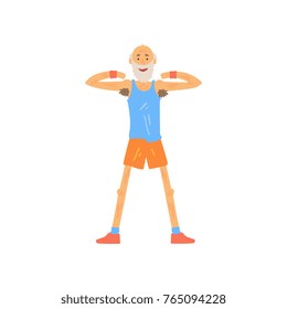 Happy bearded old man standing isolated on white and raising arms at shoulder level. Cartoon athletic male doing gymnastics exercise. Healthy lifestyle. Flat vector design