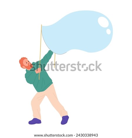 Happy bearded red-headed man cartoon character playing soap bubble with sticks isolated on white