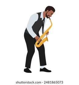 Happy bearded saxophonist plays music on sax in elegant suit. Flat vector illustration isolated on white background