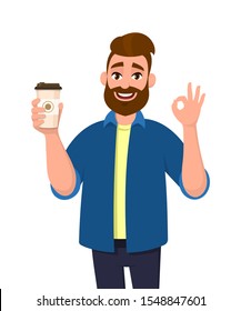 Happy bearded trendy man holding a coffee cup and showing, gesturing or making okay, OK sign with hand fingers. Male character design illustration. Modern lifestyle, food and drink concept in cartoon.