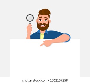 Happy bearded young man showing/holding magnifying glass and blank/empty poster, paper or sheet in hand. Search, find, discovery, analyze, inspect, investigation concept illustration in cartoon.