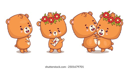 Colección de osos felices. Pareja romántica, niño y niña de oso de peluche con corona de flores con carta de amor. Animales lindos aislados personajes kawaii. Ilustración vectorial