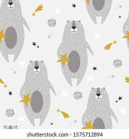 Happy bears, hand drawn backdrop. Colorful seamless pattern with animals, stars. Decorative cute wallpaper, good for printing. Overlapping colored background vector. Design illustration. Zzzz