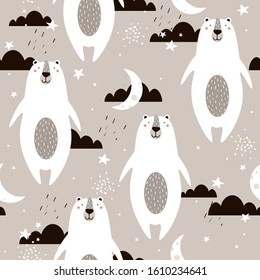 Happy bears, hand drawn backdrop. Seamless pattern with animals, moon, stars. Decorative cute wallpaper, good for printing. Overlapping colored background vector. Design illustration. Zzzz