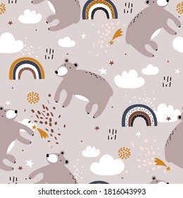 Happy bears, hand drawn backdrop. Colorful seamless pattern with animals, sky. Decorative cute wallpaper, good for printing. Overlapping background vector