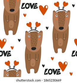 Happy bears, hearts, hand drawn backdrop. Colorful seamless pattern with animals. Decorative cute wallpaper, good for printing. Overlapping background vector. Design illustration