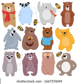 Happy bears, a large set of cute bears with bees. Cartoon vector illustration isolated on white background.