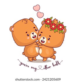 Happy bears in love. Romantic couple bear boy and teddy bear girl with flower wreath. Cute animals kawaii characters. Holiday valentine card with love slogan. Vector illustration