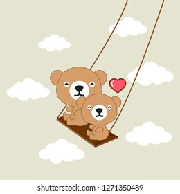 Happy bears riding on a swing. 