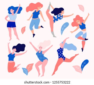 Happy beautiful active plus size girls vector flay illustration. Body positive concept.