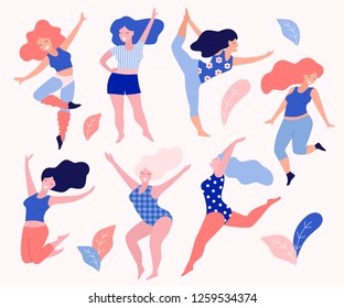 Happy beautiful active plus size girls vector flat  illustration. Body positive concept.