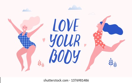 Happy beautiful active plus size girls vector flat  illustration. Body positive concept. Love your body