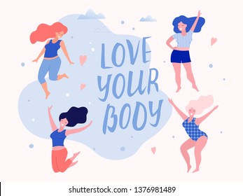 Happy beautiful active plus size girls vector flat  illustration. Body positive concept. Love your body