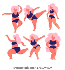 Happy beautiful active plus size girls vector  illustration. Body positive concept. Plump girls in bra and panties, female characters dancing. Body positive set