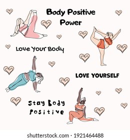 Happy beautiful active plus size girls. Abstract vector trendy one line illustration. Attractive plus size model. Fat young woman in a yoga pose. Love the concept of your body