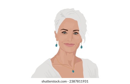 Happy beautiful adult woman with gray hair smiling. Portrait of an elderly woman with jewelry. Vector illustration isolated on the white background