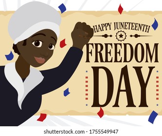 
Happy And Beautiful African-American Woman Like A Traditional Maid For Historical Reenactments, Over Scroll With Greeting And Confetti Ready To Celebrate Freedom Day Or Juneteenth.