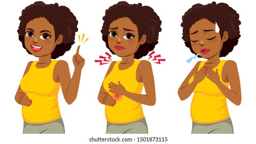 Happy beautiful afro black pregnant woman in three different actions pointing hand burning discomfort and difficulty breathing