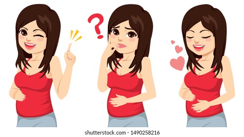 Happy beautiful brunette pregnant woman in three different actions pointing hand doubting and loving baby