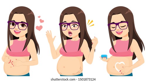 Happy beautiful brunette pregnant woman with glasses in three different actions hands on belly skin stretch marks and applying cream