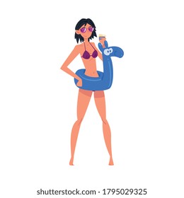 Happy Beautiful Brunette Woman in Bikini Standing with Inflatable Rubber Ring Cartoon Style Vector Illustration on White Background