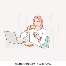 Happy Beautiful Female Worker Holding Hot Coffee Mug Sitting In Office And Using Mobile Cell Phone Viewing Online News Relaxing. Hand Drawn Style Vector Design Illustrations.