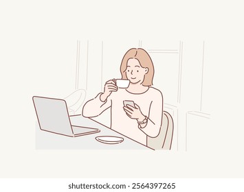 happy beautiful female worker holding hot coffee mug sitting in office and using mobile cell phone viewing online news relaxing. Hand drawn style vector design illustrations.	