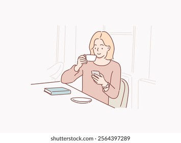 happy beautiful female worker holding hot coffee mug sitting in office and using mobile cell phone viewing online news relaxing. Hand drawn style vector design illustrations.	