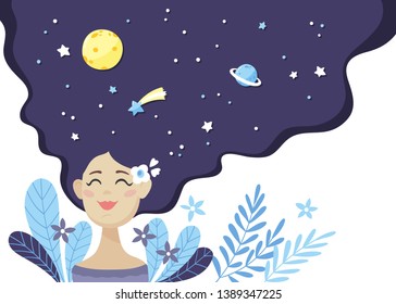 Happy beautiful girl with cosmos in her lush hair. Vector flat illustration.