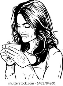 Happy beautiful girl with a cup of coffee. Black and white ink style. Illustration.