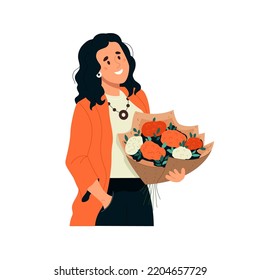 Happy beautiful girl holding flowers gift bouquet. Young stylish woman with floral bunch. Mother's day, Valentine's day, March 8 women's day concept. Vector illustration isolated on white background