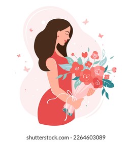 Happy beautiful girl holding flowers bouquet.   Mother's day, Valentine's day, March 8 women's day concept. International Day of Happiness. Vector illustration isolated on white background