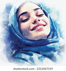 Una feliz y hermosa chica Sonriente usando hiyab, retrato estilo acuarela