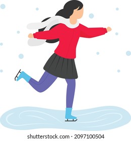 happy beautiful girl wearing warm winter clothe ice skating Concept Vector Color Icon Design, Winter Season activity Scene Symbol, Wintertime Sign, Holiday Celebration in Snowy Park Stock Illustration