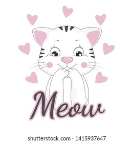 Happy beautiful kitty  and inscription meow. Graphic element for print design, greeting card, poster and t-shirt. Vector illustration