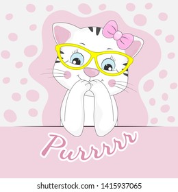 Happy beautiful kitty in sunglasses and inscription purr. Graphic element for print design, greeting card, poster and t-shirt. Vector illustration.
